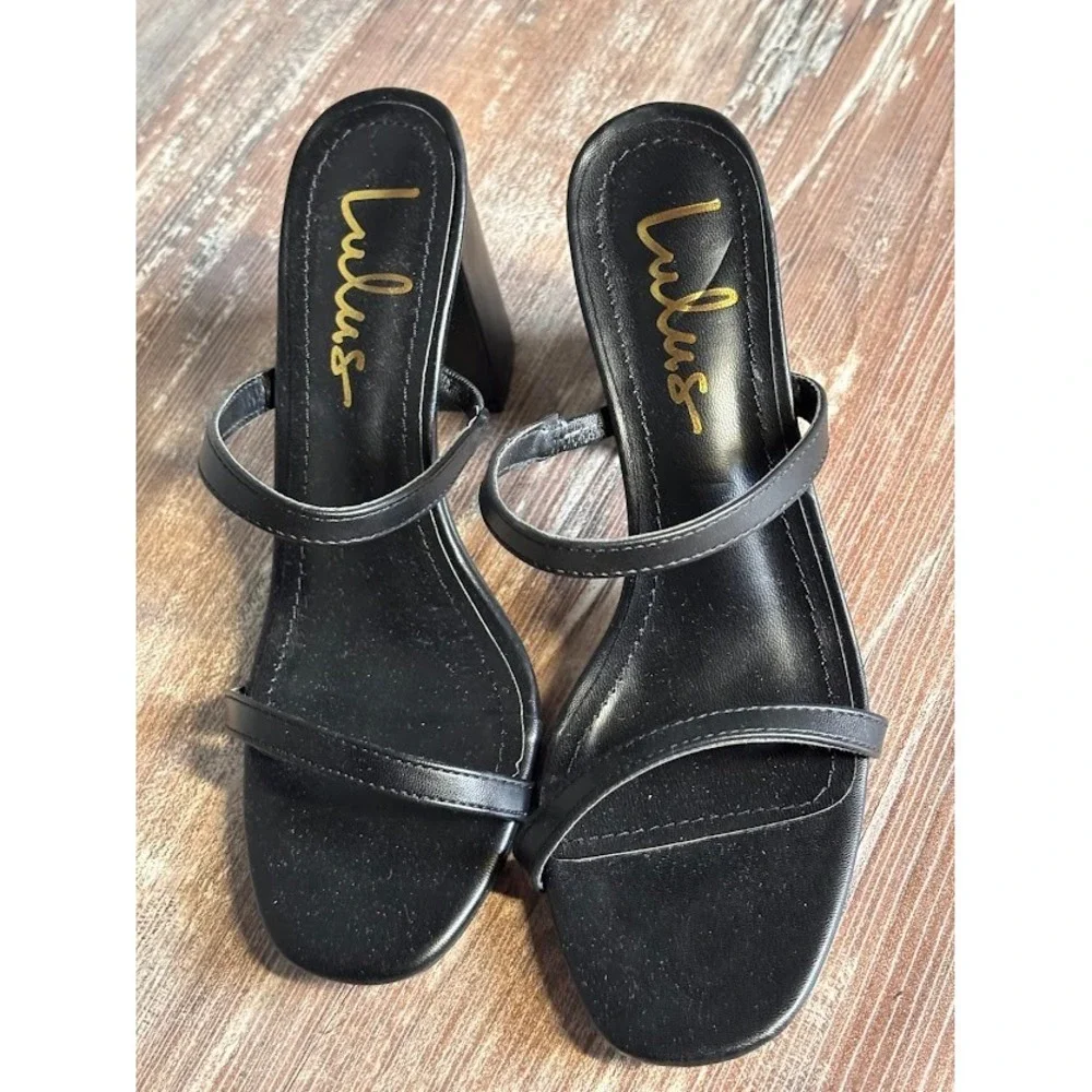 Lulus Black Open Toe Block Heel Slide Sandals Women‎ Size 6.5